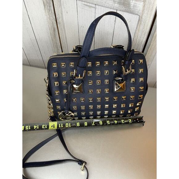 Michael Kors Navy Blue Leather Gold Studded Grayson Satchel Top Handle - Picture 11 of 12